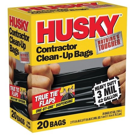 HUSKY Contractor Trash Bags, 42 gal, 2 ft 7 3/4 in x 3 ft 9 1/2 in , 3 mil, Heavy Duty, Black, 20 Pack HK42WC020B